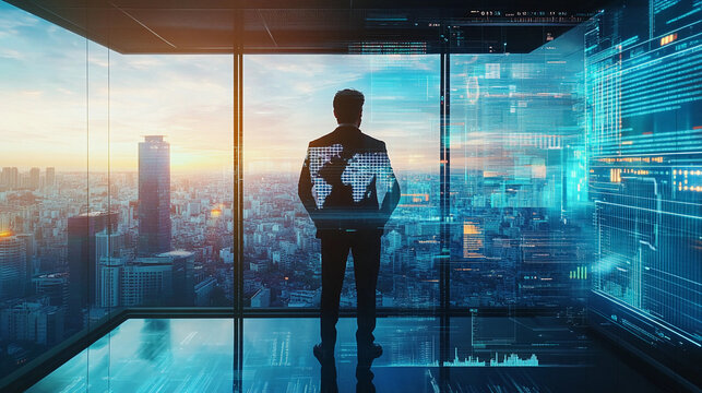 Visionary businessman analyzes trends in urban skyscraper Generative AI
