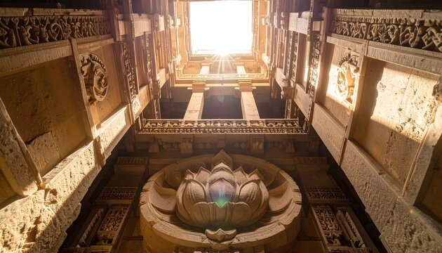 Architectural marvel - Intricate stone carvings and a central lotus design.