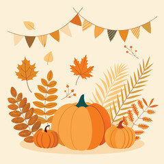 Autumn Harvest Pumpkins and Fall Leaves Garland vector