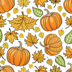 Autumn Harvest Seamless Pattern with Pumpkins and Maple Leaves