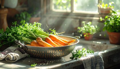 Carrots fresh from the garden sit in a colander in a rustic kitchen. Sunlight streams through a window, illuminating the healthy organic vegetables.