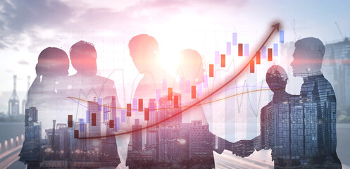 A captivating image showcasing silhouettes of business professionals engaging in a handshake amidst rising financial graphs and a vibrant city skyline at sunset. Impute