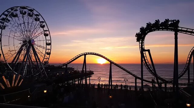 Stunning Sunset at an Amusement Park Pier with Ferris Wheel and Roller Coaster in Motion over the Pacific Ocean
