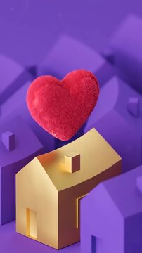 gold 3d detached house with red fluffy heart ontop of it