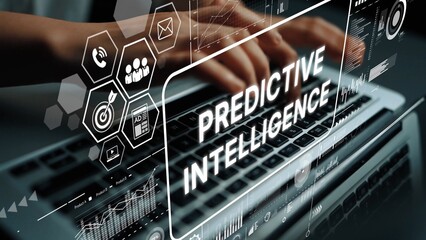 Hands typing on laptop with futuristic graphics representing predictive intelligence and data analysis concepts. Asymptotic smart data analytic.