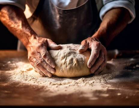 close up of skilled hands expertly kneading dough
