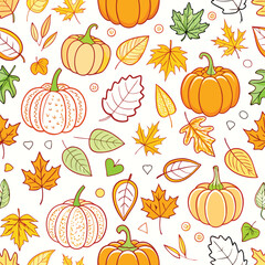 Autumn pumpkin and leaf pattern on white background