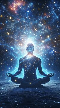Silhouette of a person meditating with a cosmic galaxy inside
