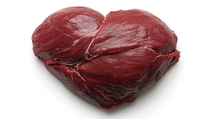 A heart-shaped cut of raw meat on a white background, suitable for culinary and health-related projects, emphasizing themes of food, nutrition, or love for cooking,