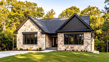 Rustic stone house with dark trim, surrounded by trees