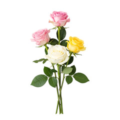 Obraz premium A delicate arrangement of pink, white, and yellow roses, each rose showcasing its unique hue and soft petals, set against a clean white backdrop, isolated on transparent background the composition exu