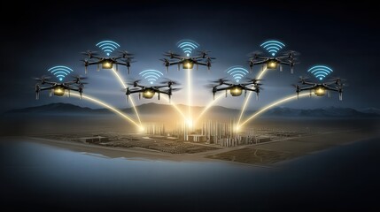 A futuristic scene showcases multiple drones equipped with communication signals flying over a city skyline, This image is ideal for illustrating technology, connectivity, urban development