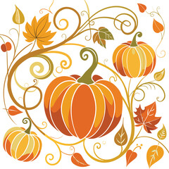 Autumn pumpkin vine with swirling branches and leaves