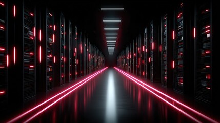 Fototapeta premium A futuristic server room with glowing red accents and sleek design, ideal for technology, data storage, or cybersecurity projects, Perfect for websites, marketing materials, or presentations,
