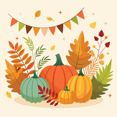 Naklejka premium Autumn Pumpkins and Fall Leaves Garland Keywords: autumn, fall, harvest, pumpkins, pumpkin, fall