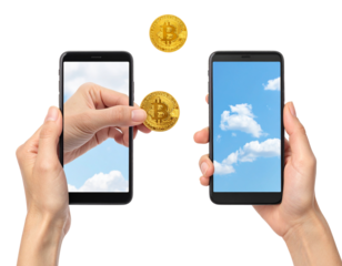 Hands exchanging a digital coin through smartphone screens on a white background.