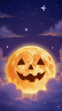 Halloween Pumpkin Moon Rising Through Cloudy Night Sky Animation. footage video. wallpapper video