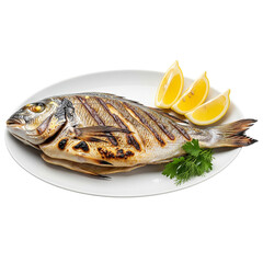 Grilled whole fish with lemon and parsley isolated on transparent background