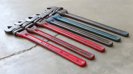 A lineup of various colored adjustable wrenches on a concrete surface, showcasing their unique designs, Ideal for articles on tools, DIY projects, or hardware store promotions,