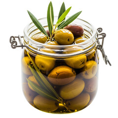 Jar of green and black olives with leaves isolated on transparent background