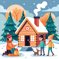 Cozy Winter Scene with Children and Log Cabin in Snow
