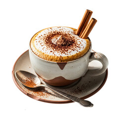 Delicious hot cappuccino with cinnamon sticks and cocoa powder isolated on transparent background