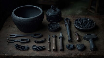 A collection of black pottery tools and materials is arranged on a wooden surface, showcasing craftsmanship elements, Ideal for articles on art, history, pottery techniques, or DIY projects,