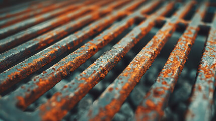 Close-up of a rusty metal grill with prominent lines, showcasing texture and decay, highlighting age and wear.