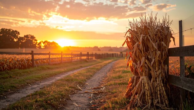 Farm landscape with a dirt road and corn shock at sunrise.