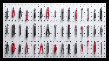 A neatly arranged display of various hand tools in black, grey, and red, suitable for DIY projects, home improvement, or instructional guides on tool usage and organization,