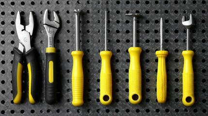 A collection of assorted hand tools with yellow handles arranged on a textured black background, This image is suitable for DIY, home improvement, or tool-related articles,