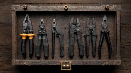A collection of various pliers displayed neatly in a vintage wooden box on a dark wooden surface, ideal for illustrating tools, DIY projects, craftsmanship, or home maintenance themes,