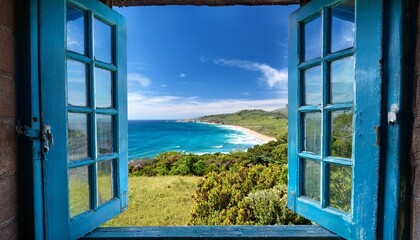 Fototapeta premium ocean view from rustic window a weathered blue window opens to reveal a breathtaking seascape bright blue water and lush green hills under a sunny sky