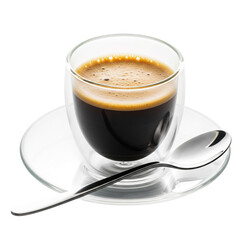 Double walled glass cup filled with espresso coffee on a saucer with spoon isolated on transparent background