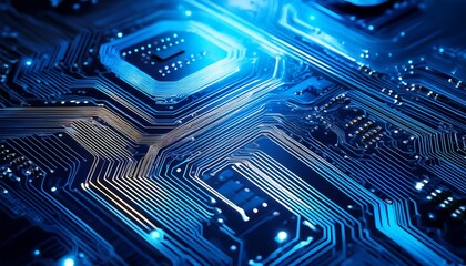 close up of a circuit board with glowing blue traces