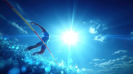 A dynamic image of an athlete performing a pole vault under a bright sky, showcasing motion and energy, Ideal for sports, athleticism, and motivational themes in advertising and media,