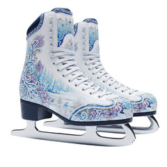 Pair of white ice skates with blue and purple ornate detailing isolated on transparent background
