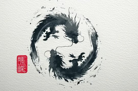 Two dragons in a yin yang circle sumi-e ink painting