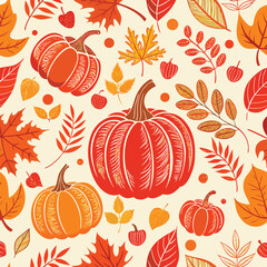 Hand-drawn autumn pumpkin and leaf seamless pattern