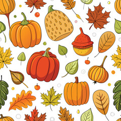 Hand-drawn autumn pattern with pumpkins and leaves