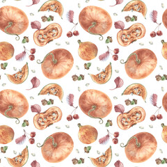 Fall plants background neutral colors. Red crab apples, pumpkins and acorns watercolor seamless pattern isolated white. Thanksgiving and rustic endless designs. Forest harvest hand painted texture.