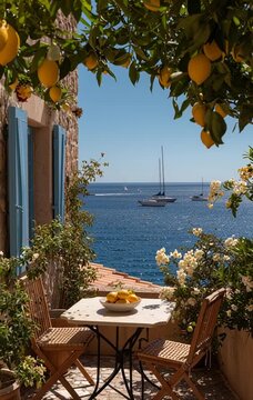 Romantic balcony table with lemon tree overlooking the sea