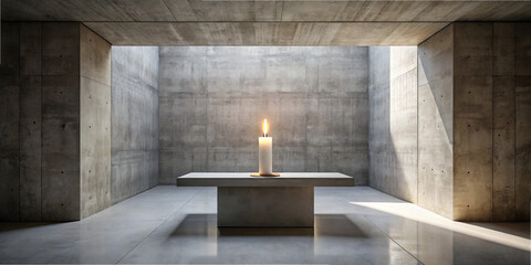 An elegant concrete room features a simple stone table at its center, topped with a lit candle that casts a warm glow. Soft light filters through the space, enhancing the minimalist decor