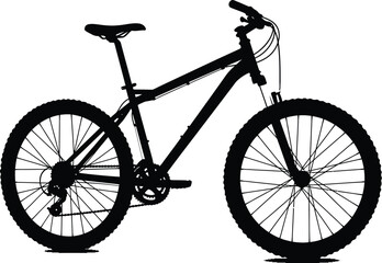 Obraz premium Dynamic black silhouette of mountain bike isolated on white background, perfect for outdoor adventure and sports projects, ideal for travel and health concepts