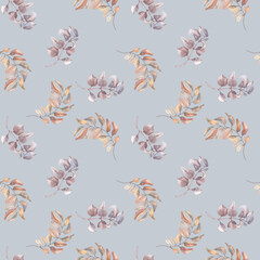 Vintage foliage seamless pattern with leaves and abstract branches isolated blue. Hand drawn watercolor foliage repeat in beige and soft tones for seasonal tableware, wallpaper. Elegant autumn print.