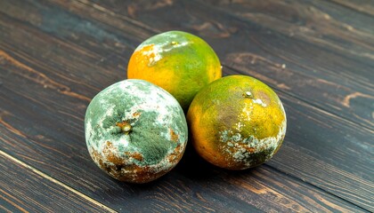 Three moldy oranges on a dark wooden surface