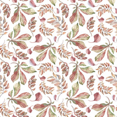 Botanical Autumn Leaves Print isolated white. Chestnut leaves and branches pastel watercolor seamless pattern hand painted. Soft red foliage repeat texture for stationery, harvest festival branding.