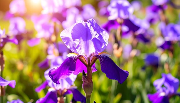 Vibrant purple and lavender irises in sunlight - Powered by Adobe