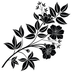 Elegant black silhouette of wild rose flowers and leaves botanical design element