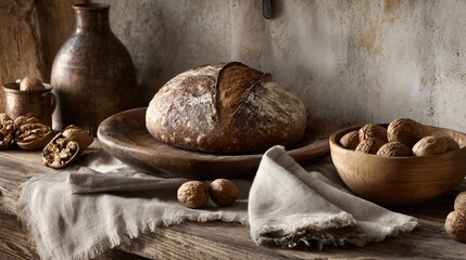 Autumn-inspired still life of a kitchen island with fresh bread, wooden bowl of walnuts, linen napkins